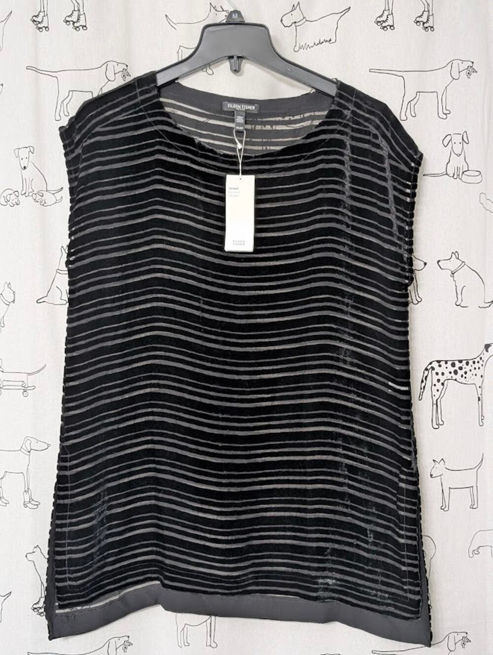 Eileen Fisher Velvet Burnout Stripe Tunic Top Silk Blend Black Petite Small  NWT